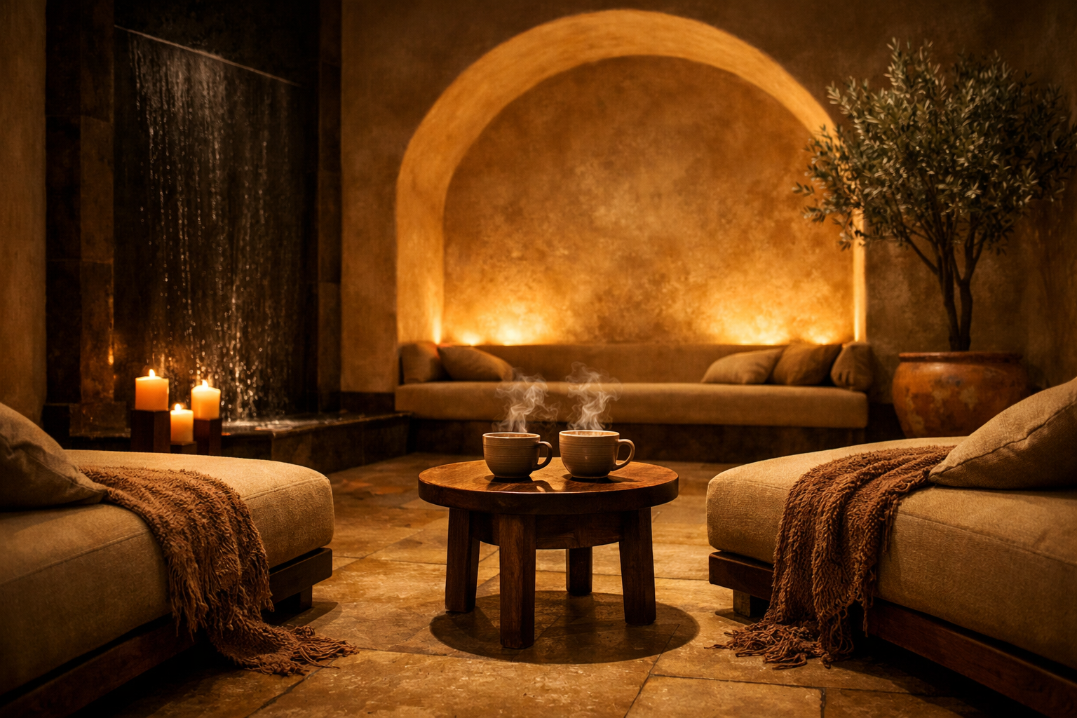 Doğal kumaşlarla döşenmiş dinlenme alanı