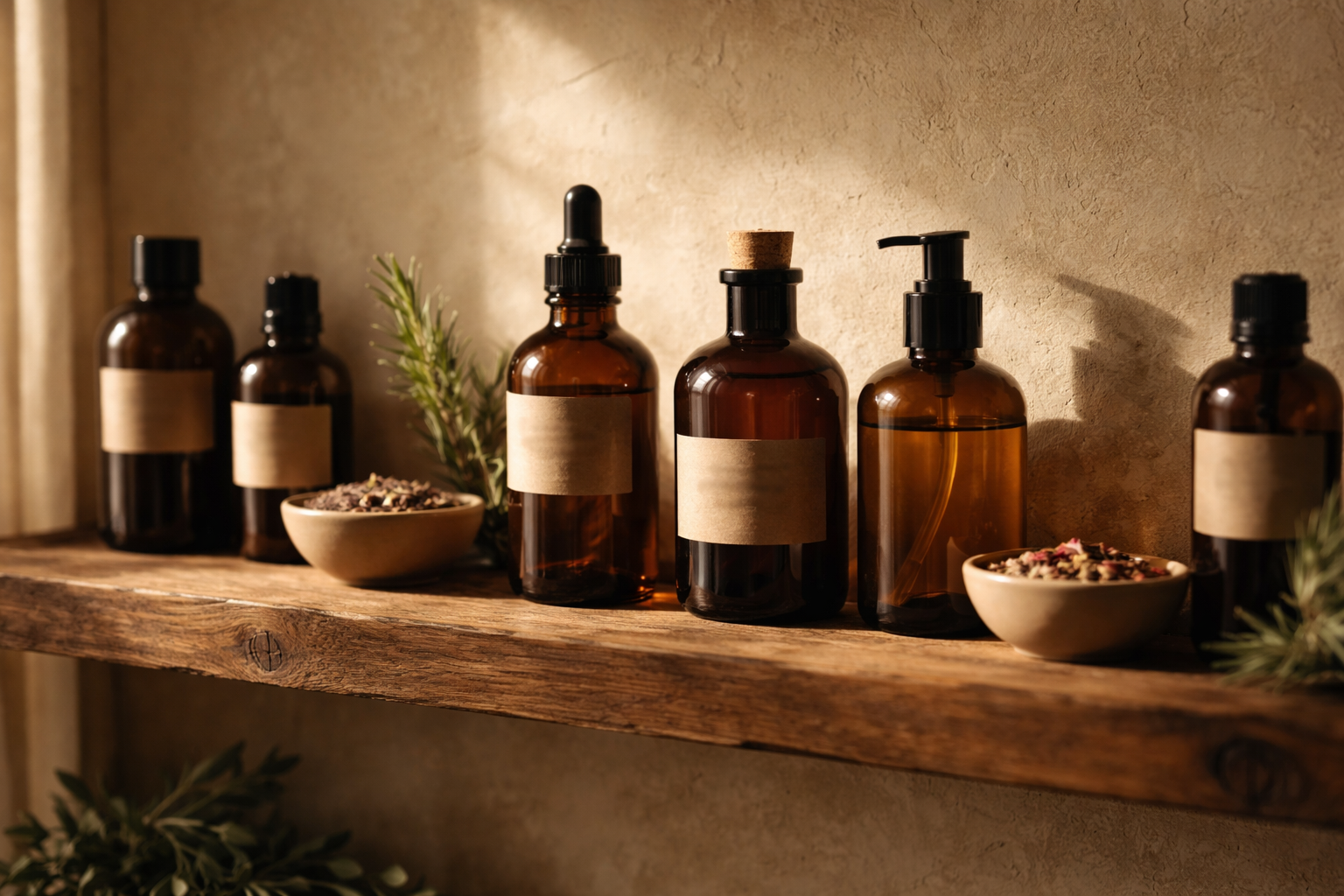 Organik masaj yağları ahşap rafta sıralı